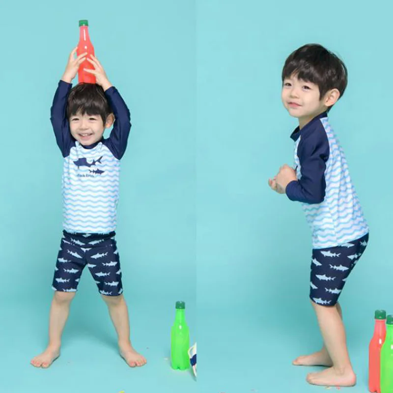 Brand Baby Boys Swimsuit Two Pieces Rash Guard Trunks Set Long Sleeve Shark Print Blue Children Swimwear Swimming Bathing Suits