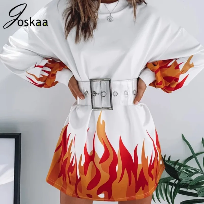 

Joskaa Streetwear Flame Printed Long Sweatshirt Women Autumn Winter Loose Oversized Sweatshirts Dress Pullover Fire Hoodies