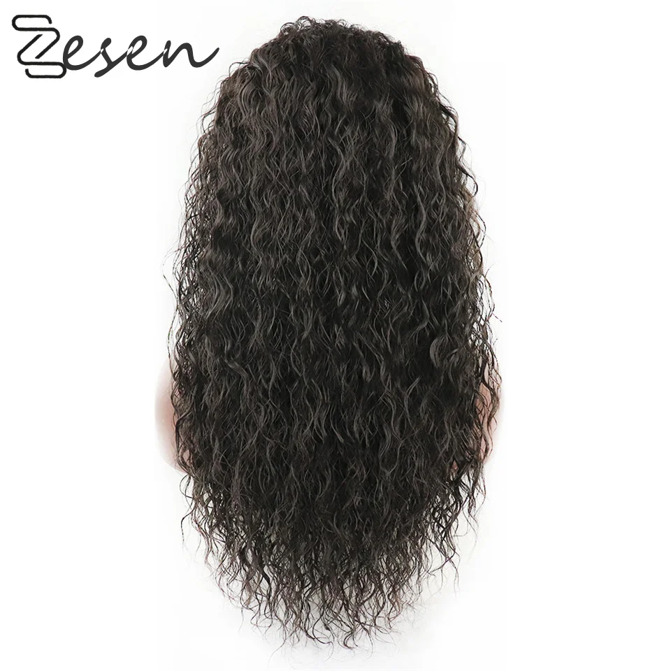 Dianteira do Laço Completas para as Mulheres Arrancadas com Linha Natural e Cabelo do Bebê Zesen Longo Solto Encaracolado Peruca Preto Sintético Perucas Pré Fina 6 perucas completas sintéticas para mulheres pré-arrancadas com