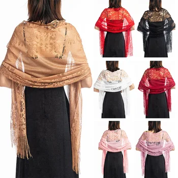 

Women Elegant Thin Gauze Hollowed Out Evening Dress Bridesmaid Summer Cloth Accessory Lace with Tassels Double Use Bridal Shawl