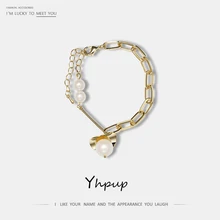 Yhpupトレンディ銅メッキ 14 18kブランドステートメントブレスレットメタルチャームバングル模造真珠の女性のジュエリーアクセサリー 2019(China)