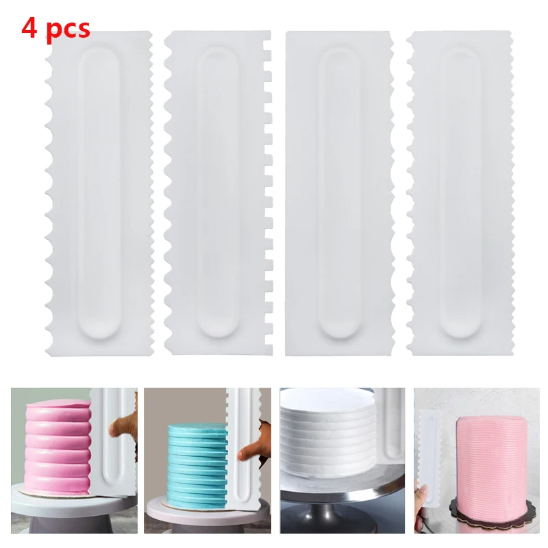  4Pcs Set Cake Tool Comb Scraper Smoother Cream Pastry Icing Fondant Spatulas Baking Decorating Whit
