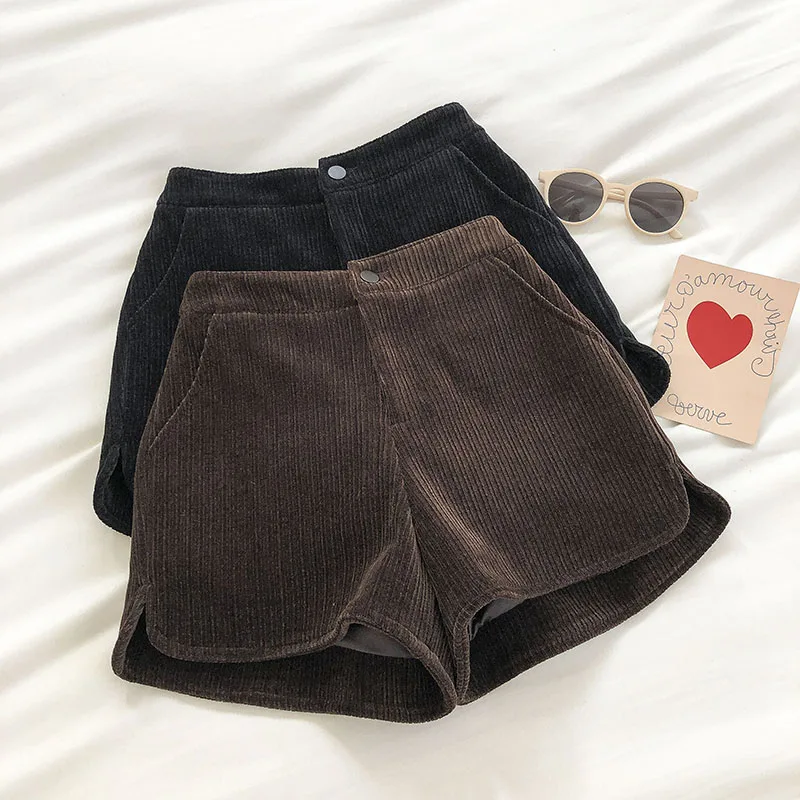 New Winter Women Corduroy Shorts High Waist Fashion Vintage All-Match Solid Color Simple Outside Wear Female Casual Short Pants biker shorts