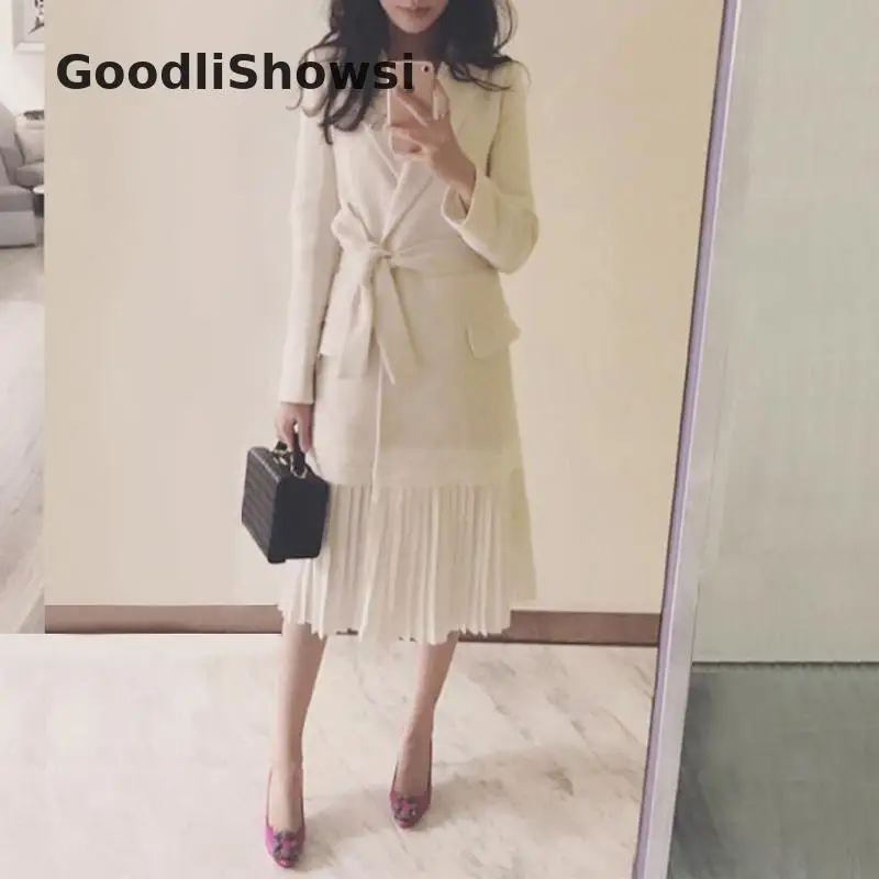 GoodliShowsi Normcore модное женское белое платье-блейзер с зубчатыми лацканами и карманами плиссированное платье с поясом