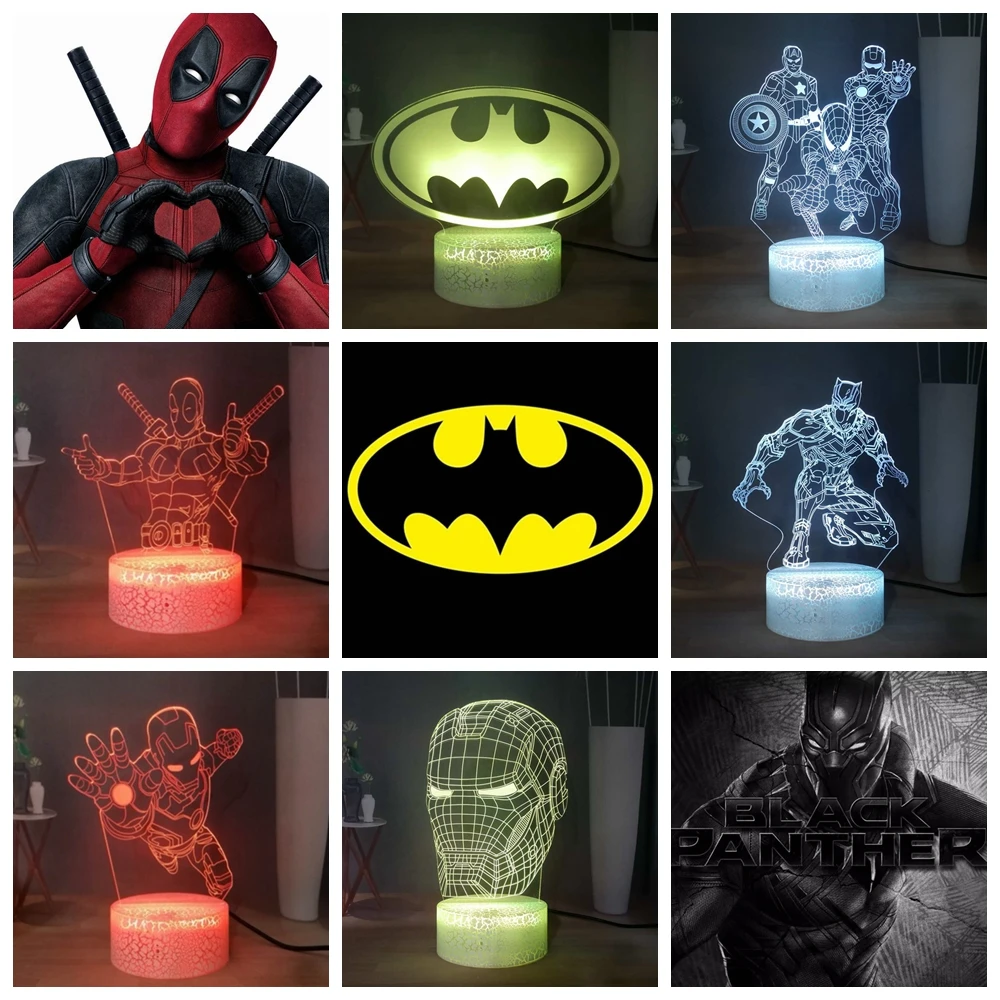 Креативная 3D Ночная лампа Marvel Iron Man Дэдпул светодиодный Настольный светильник USB