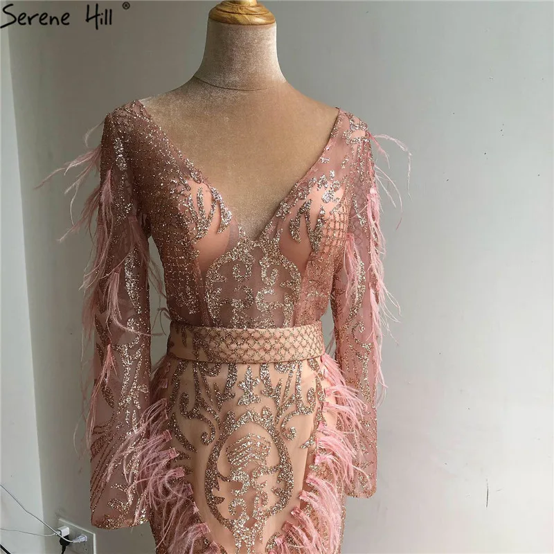 Роскошное розовое Золотое Платье русалки для выпускного вечера в Дубае,, блестящее платье с перьями и блестками, платье для выпускного вечера с длинными рукавами, беззаботный холм, DLA60902