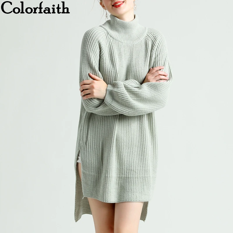 Colorfaith Новинка осень зима женские свитера платья пуловеры Элегантная водолазка с рукавом-фонариком однотонная Повседневная SW7127