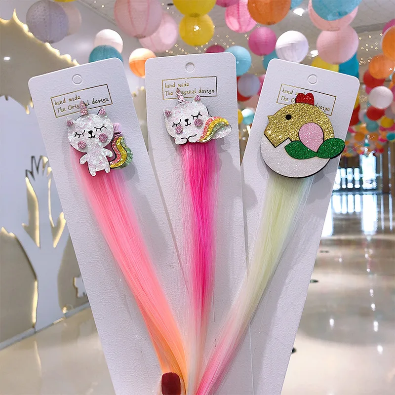 hair bow for ladies Children Cartoon Rainbow Wig Hairpins Unicorn Hair Clips Girls Cute Rabbit Cat Animals Headbands For Kids Hair Accessories banana hair clips