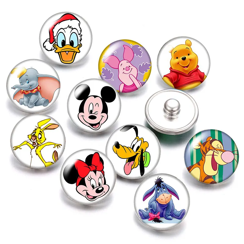 Mickey Minnie Mouse Pooh Donald 10 Uds ronda cabochon de vidrio de foto botones a presión 18mm 18mm pulseras venta al por mayor de joyería