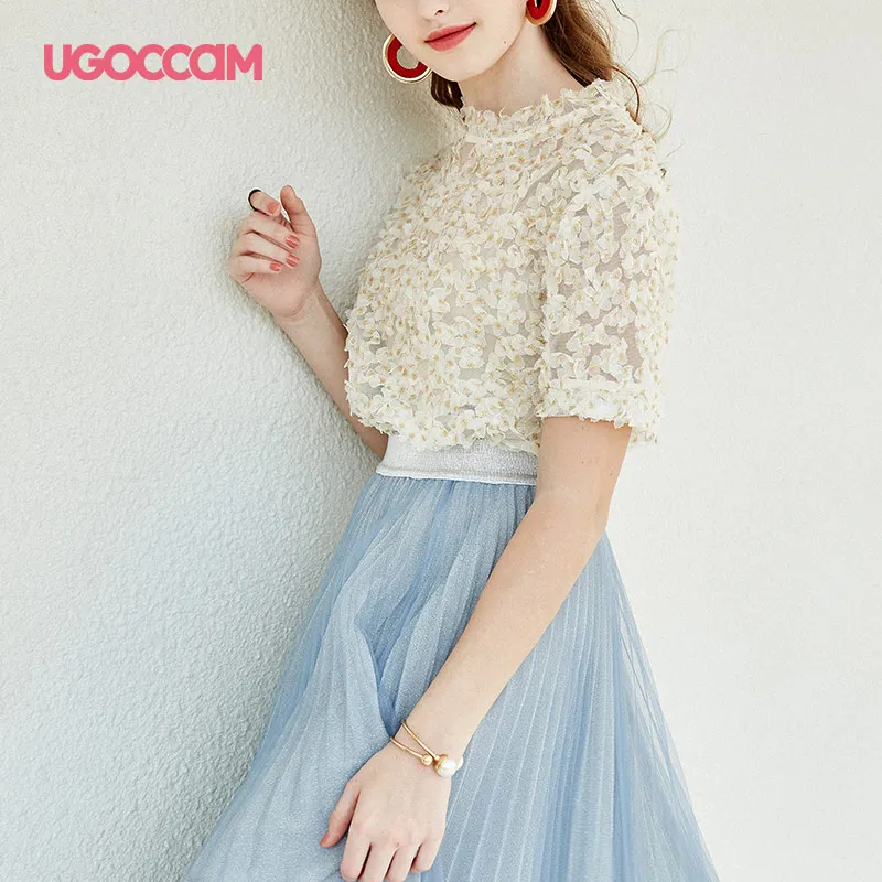 UGOCCAM Футболка с цветами гипюр белый цветок 3d аппликация Pizzo Elegante кружева o-образным вырезом короткий рукав сексуальный Повседневный Женский Топ