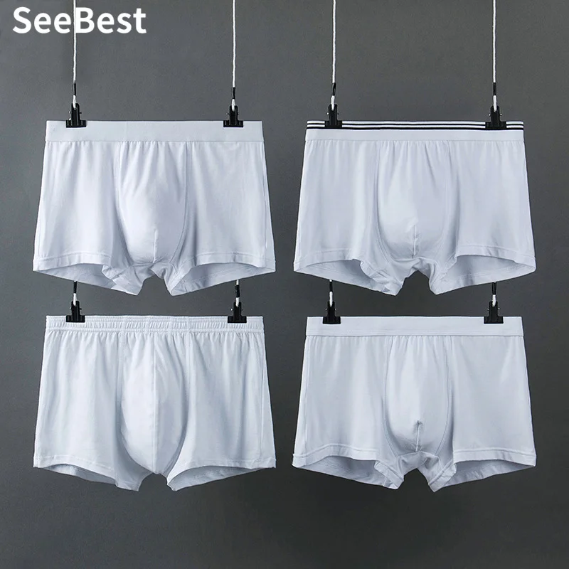 SeeBest, 4 шт./лот, мужские боксеры, нижнее белье, белые, дышащие, для мужчин, для геев, зимние, хлопковые, Модальные, брендовые трусы, трусы, шорты, упаковка XXL