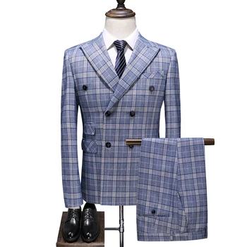 

(Blazer+Vest+Pants) Mens Wedding Suit Male Blazers Slim Fit Suits for Men Costume Business Formal Party Classic , Blue / S-5XL