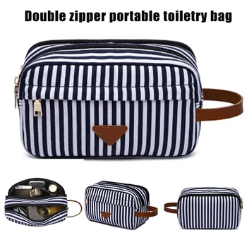 

Travel Toiletry Cosmetic Organizer Bag Double Layers Canvas Shaving Kit Stripe Pouch H66