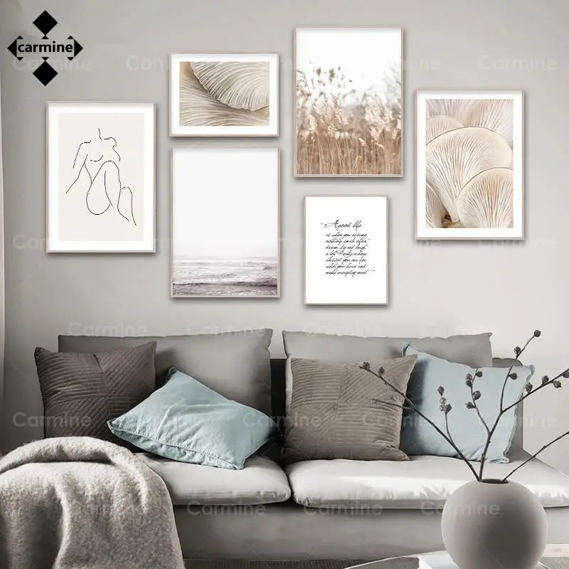 Nude Woman Body Line Wall Art Poster Beach Waves Landscape Print Reed Mushroom Nordic Travel Painting Pictures Living Room Decor