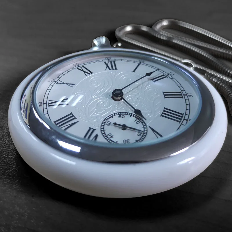 High-grade Mechanical Pocket Watch Jade & Stainless Steel Case Antique Vintage Wind Up Fob Pendant Clock with Box Mens Womens