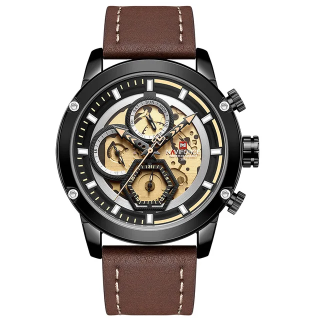 brown black NAVIFORCE мужские s часы лучший бренд класса люкс кварцевые часы мужские кожаные водонепроницаемые наручные часы Мужские часы с календарем Relogio Masculino - Цвет: brown black