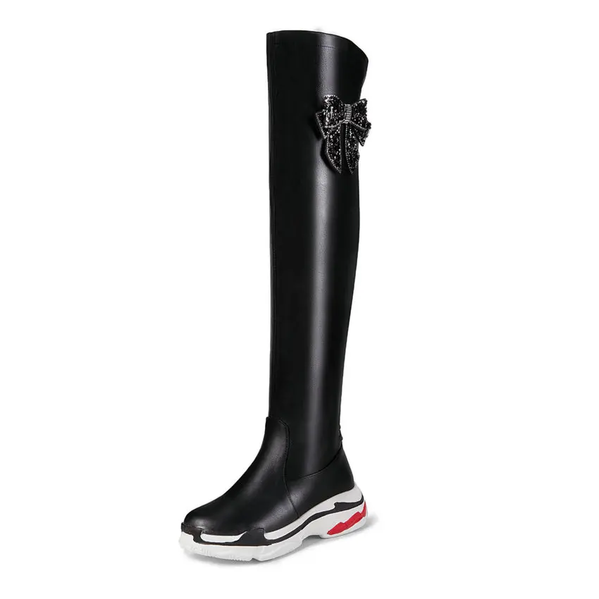 Женская зимняя обувь на танкетке; женские повседневные Черные Сапоги выше колена из искусственной кожи с круглым носком; теплые модельные сапоги на меху - Цвет: Black Bow Tie