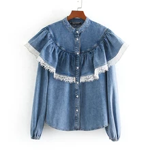 ZOEPO Stand Collar Ruffles Blouses Women Fashion Lace Denim Shirts Women Elegant Buttons Long Sleeve Tops Female Ladies LE