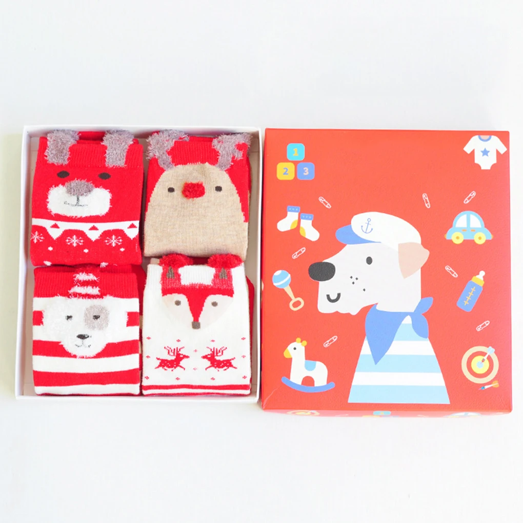 4 Pairs Cute Children Cartoon Printed Animal Socks Breathable Kids Mid Calf High Socks Christmas New Year Gift