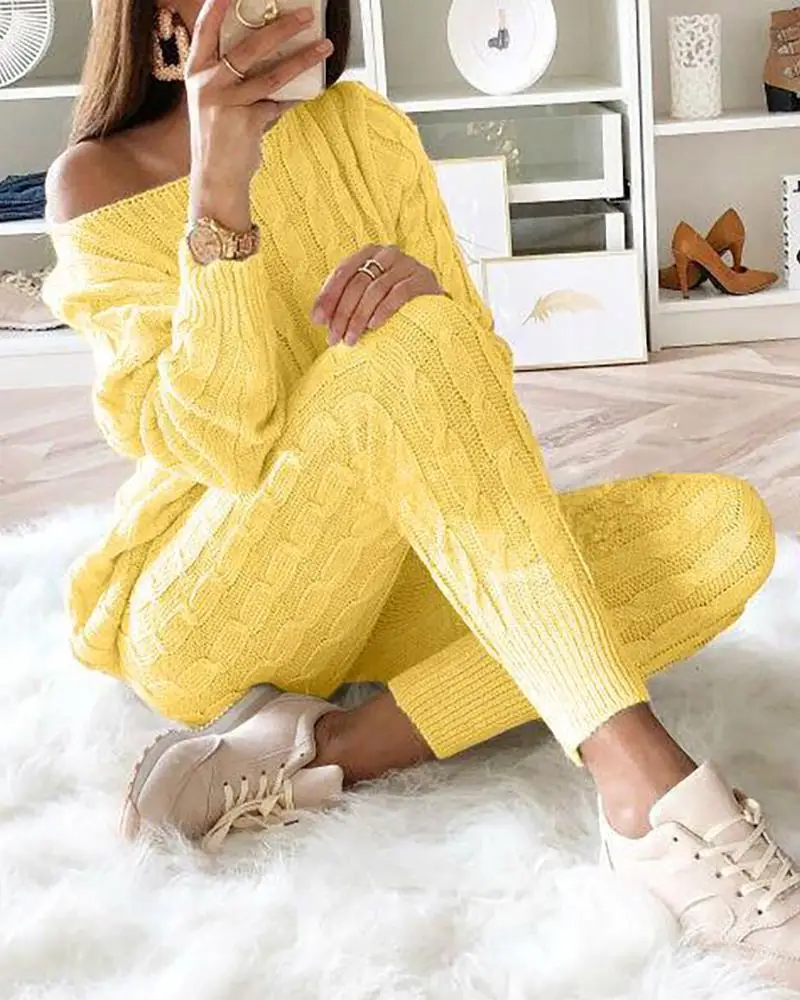 

Ninimour Cotton Knitted 2 Piece Set Women Long Sleeve Crop Tops And Long Pants Sexy 2020 Sweater Two Piece Set Outfits
