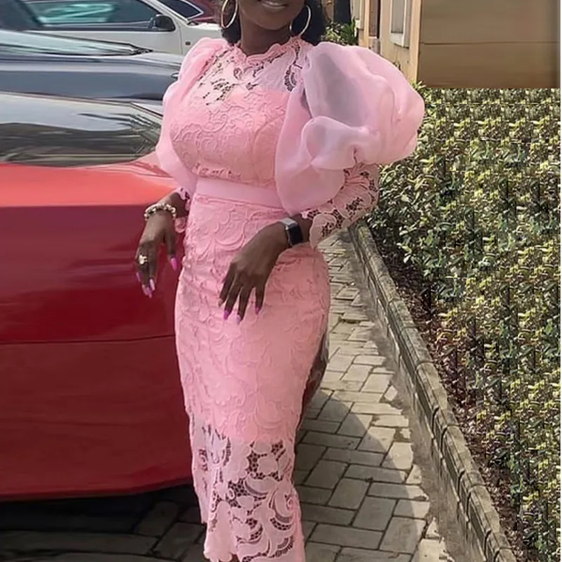 Розовая кружевная Лоскутная Вышивка Цветочное платье женское с буфами рукав