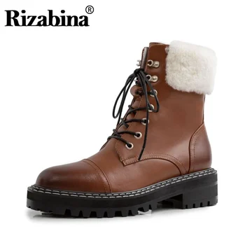 

RIZABINA Women Ankle Boots Real Leather Winter Plush Fur Warm Shoes Women Casual Lace Up Short Boots Flats Footwear Size 34-41