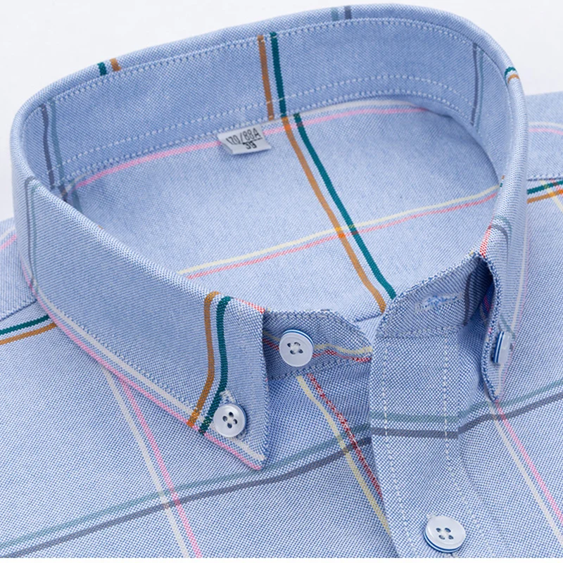 S-4XL Mens Oxford Plaid Casual Dress Shirt For Men Long Sleeve Front Patch Chest Pocket Regular-fit Button-down Thick Work Shirt