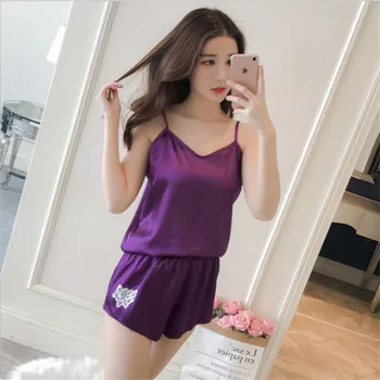

Pajamas Female Summer Sexy Embroidered Suspender Shorts Two-Piece Imitated Silk Fabric Large Size Thin Spring and Autumn Korean-