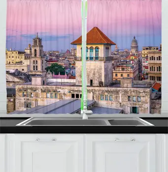 

Cuban Kitchen Curtains Downtown Skyline Landmark with Pink and Blue Sky Colors at Dusk Romantic Setting for Kitchen Cafe Decor