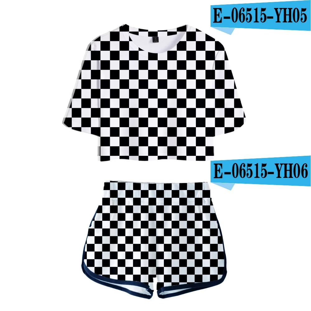 3D Открытый пупок футболка+ шорты с принтом Ghost Blade женские комплекты из двух предметов для девочек повседневные летние костюмы в черно-белую клетку с 3D принтом - Цвет: As Picture