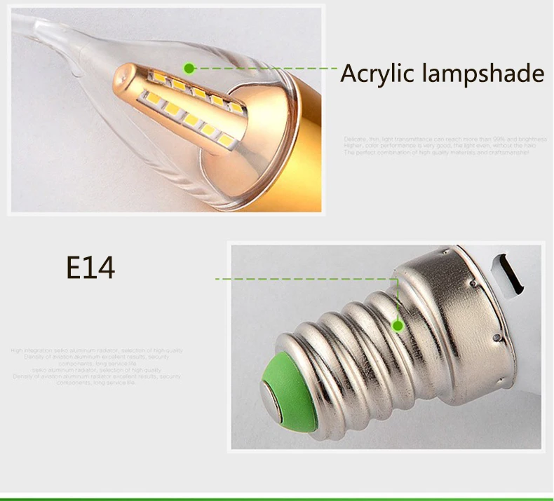 YANGHANG светодиодный E14 лампы 220V 5W 7W 9W золотого, серебряного цвета Алюминий лампы в форме свечи лампы светильник для хрустальной люстры