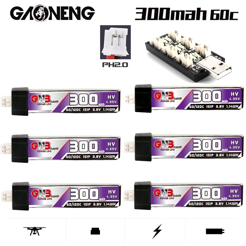 

GNB 1S 300mAh 3.8V 60C HV Lipo Battery Charger PH2.0 Plug for US65 UK65 Inductrix Beta65S URUAV UR65 Mobula 7 Tiny Whoop Drone