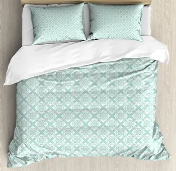 

Teal and White Duvet Cover Set Old Fashioned Abstract Mosaic Design Elements with Floral Details Bedding Set Mint Green White