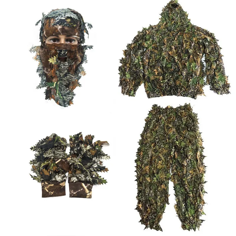 Sniper CS Bionic Camouflage Suit Men 3D Maple Leaf Ghillie Suits Jungle Woodland Hunting Clothes Camo Full Face Mask Gloves | Спорт и