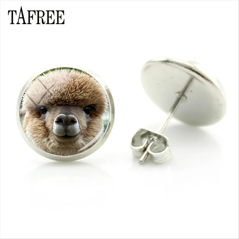 TAFREE, серьги-гвоздики из альпаки с изображением животных ламы, художественное изображение, стеклянный кабошон, очаровательные серьги для девочек и женщин, ювелирные изделия ручной работы, Gtifs YT13
