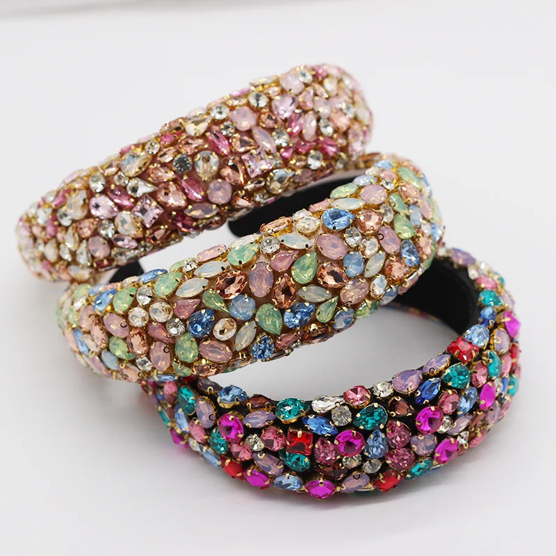 

2020 New Fashion Baroque Headband Sponge Padded Colorful Crystal Rhinestone Wide Cross Hair Band Women Party Hair Accessories