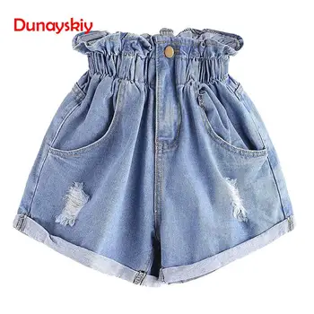 

Elastic Waist Ripped Denim Shorts 2019 Blue Fashion Women Summer Button Fly Streetwear Shorts Posh High Waist Shorts New