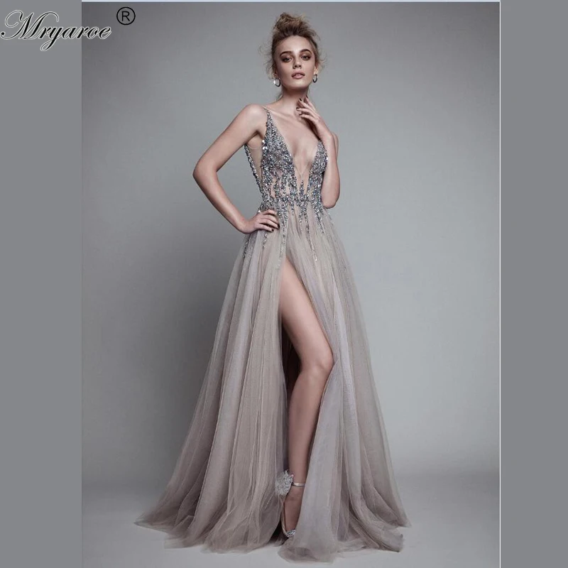 

Latest Design Sexy Deep V Neck Silver Prom Dresses Delicate Beading See Through Bodice High Split Evening Gown vestido festa