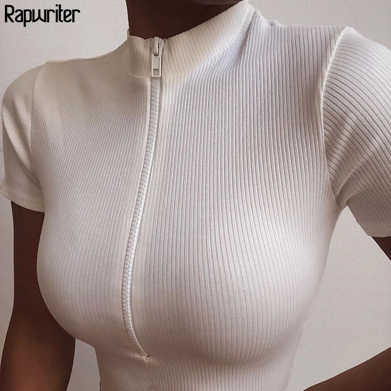 

Rapwriter Casual Turtleneck Middle Zipper Ribbed Elastic Basic White T-Shirt Girl 2020 Summer Short Sleeve Stretch Crop Tops
