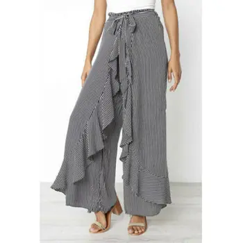 

Womens Boho Ruffle Long Pants Palazzo Wide Leg Pants Female Office Lady Striped Ruffled Loose Baggy Harem Trousers with Bowbelt