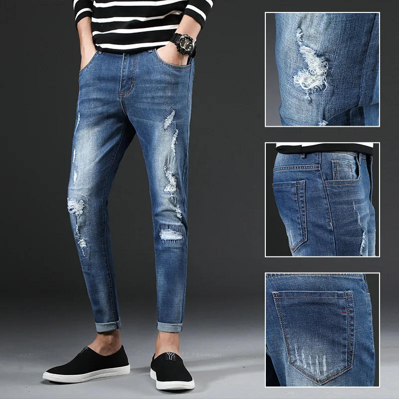 

2018 Autumn New Style with Holes Jeans Men's Slim Fit Pants Korean-style Capri Elasticity Light Color Beggar Pants Men