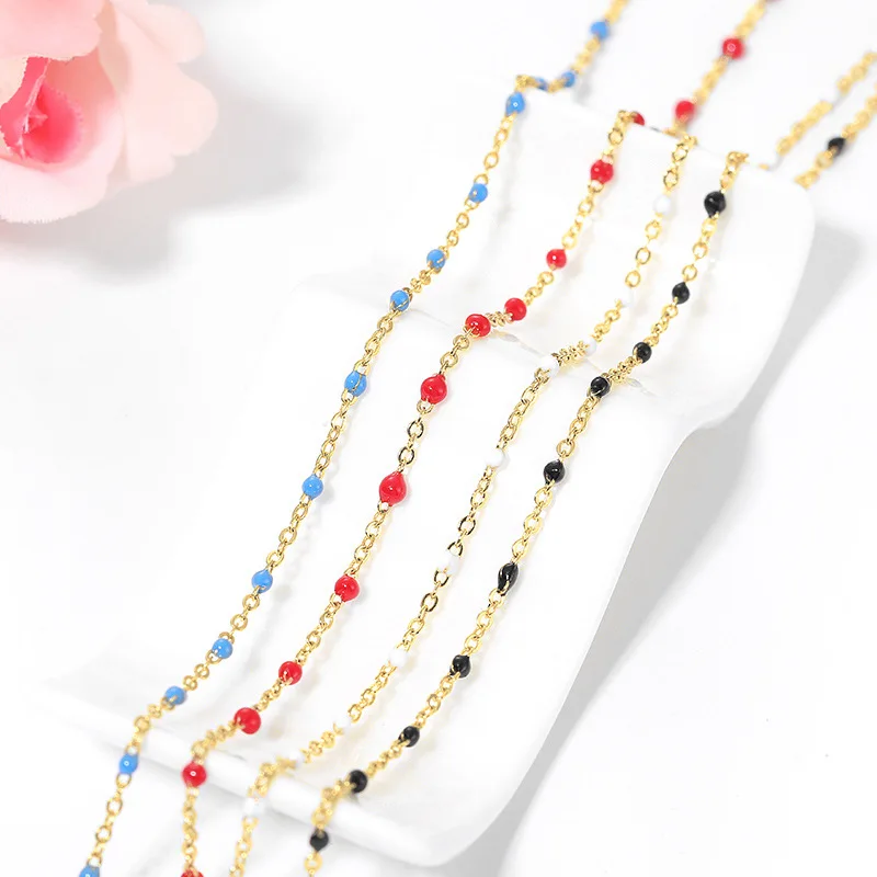 50CM Width 2MM 24K Gold Color Brass and Glass with Beads Necklace Chains High Quality Diy Jewelry Findings Accessories