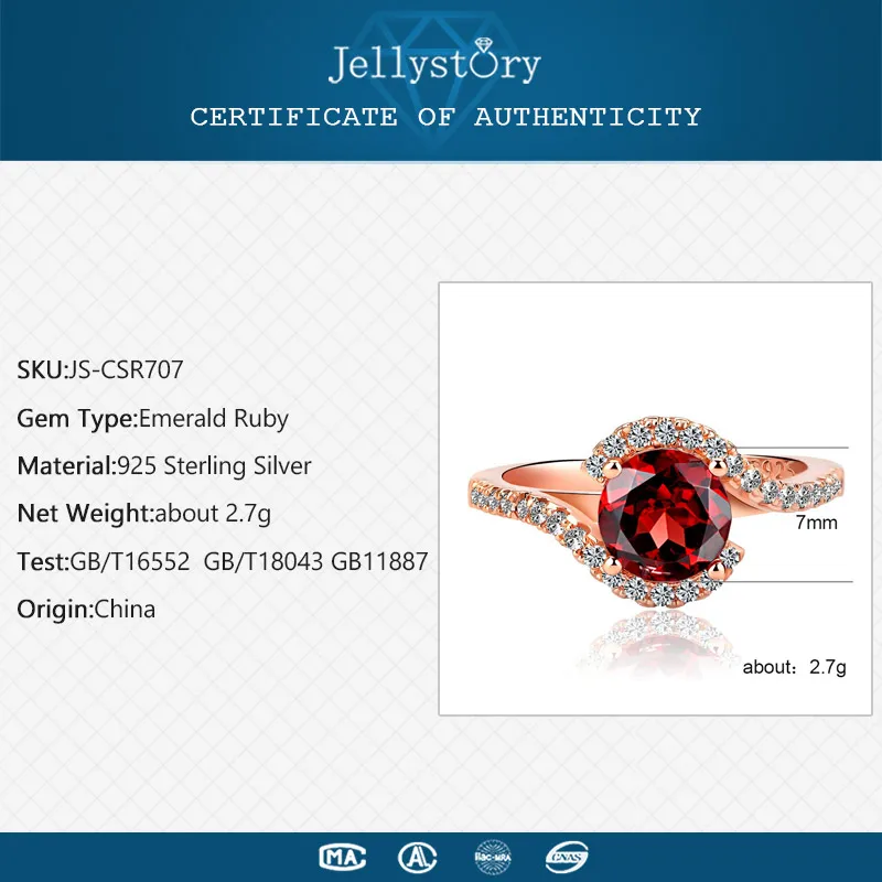 Jellystory классическое кольцо для женщин с 7*7 мм круглой формы Изумруд Рубин Циркон драгоценные камни 925 серебряные ювелирные изделия Свадебные подарки