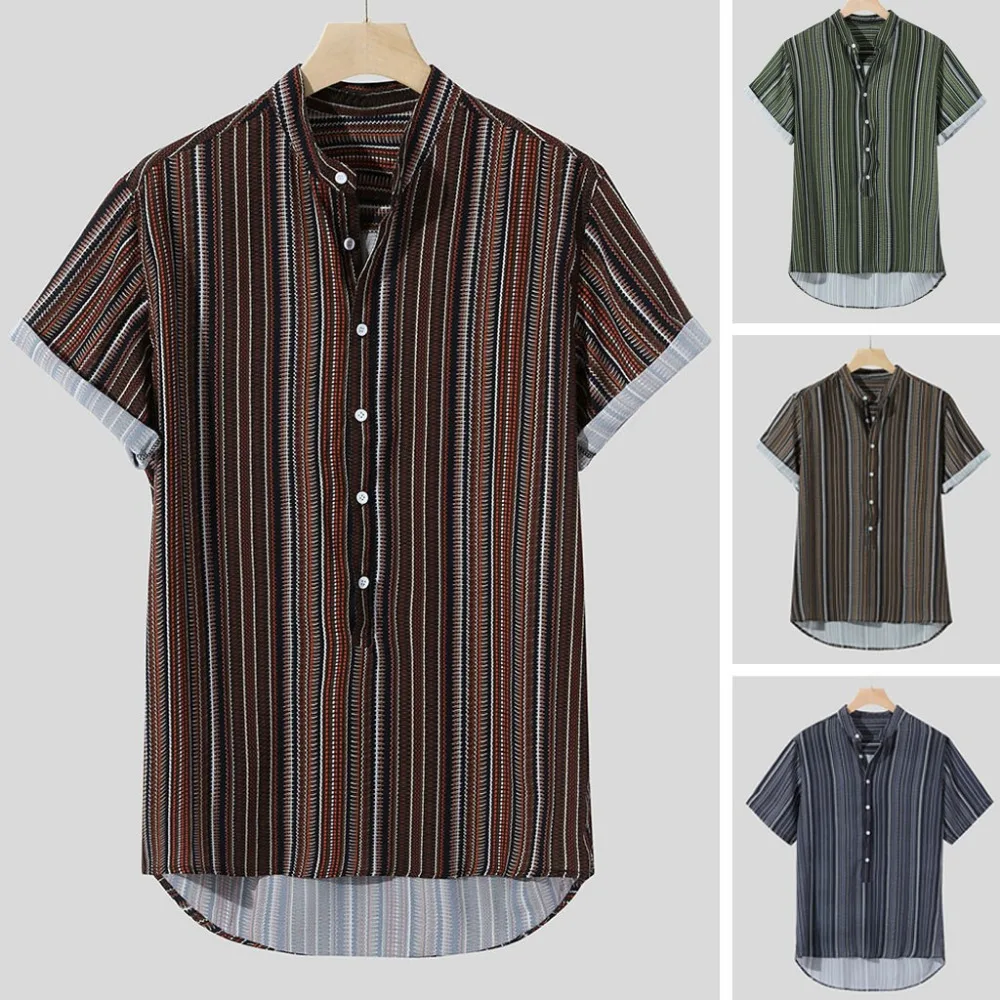 Chemise homme мужская рубашка летние полосатые пуговицы летающие дышащие топы с коротким рукавом Повседневная рубашка Хенли Гавайские рубашки мужские платья