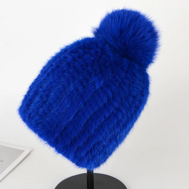 dark blue Горячая Распродажа, меховая шапка из натуральной норки, женская зимняя вязаная шапка из меха норки, шапка с лисьим мехом, помпоны ручной работы, новая Толстая Женская шапка - Цвет: dark blue