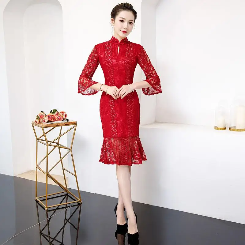 Красное летнее платье до колена Cheongsam, сексуальное платье в китайском стиле, женское кружевное платье Qipao, тонкое вечернее платье, женская пуговица, Vestido, S-4XL - Цвет: Dark Red