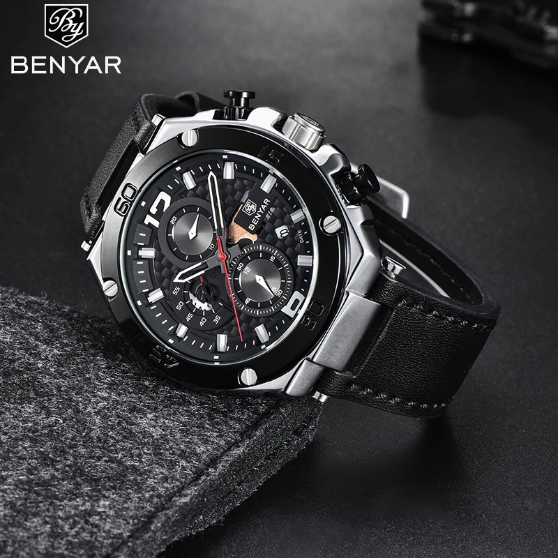 Benyar Design Top Brand Luxury Fashion Men's Quartz Watch Automatic Date High Quality Waterproof Leather Watch Relogio Masculino