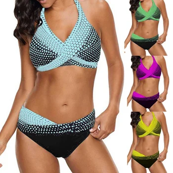 

Women Bikini Set Sexy Dot Print Halter Neck Two Piece Swimsuit Female Fashion Plus Size Push Up Padded Beachwear Bathing Suit