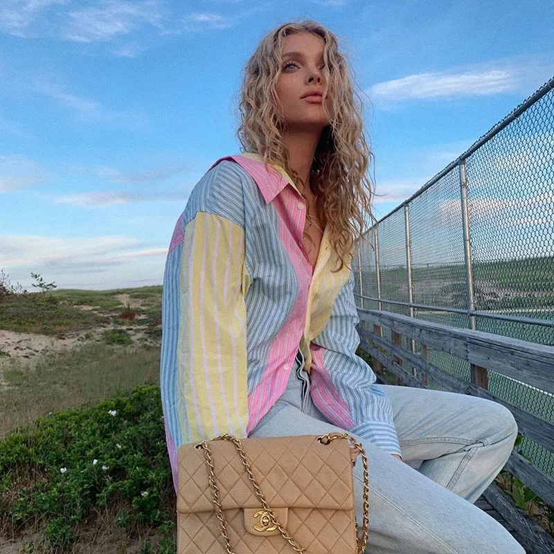 IAMSURE Colorful Striped Patchwork Women Casual Shirts Long Sleeve Oversize Ladies Blouses Streetwear Autumn Fashion Clothes