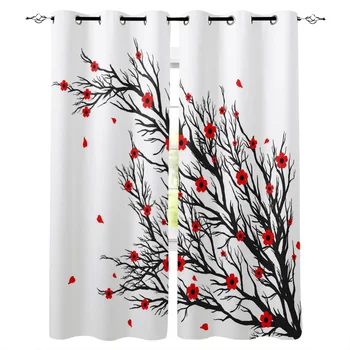 

Black Branch Silhouette Red Plum Window Curtains Living Room Fabric Drapes Curtain Home Draperies Curtains for Kitchen